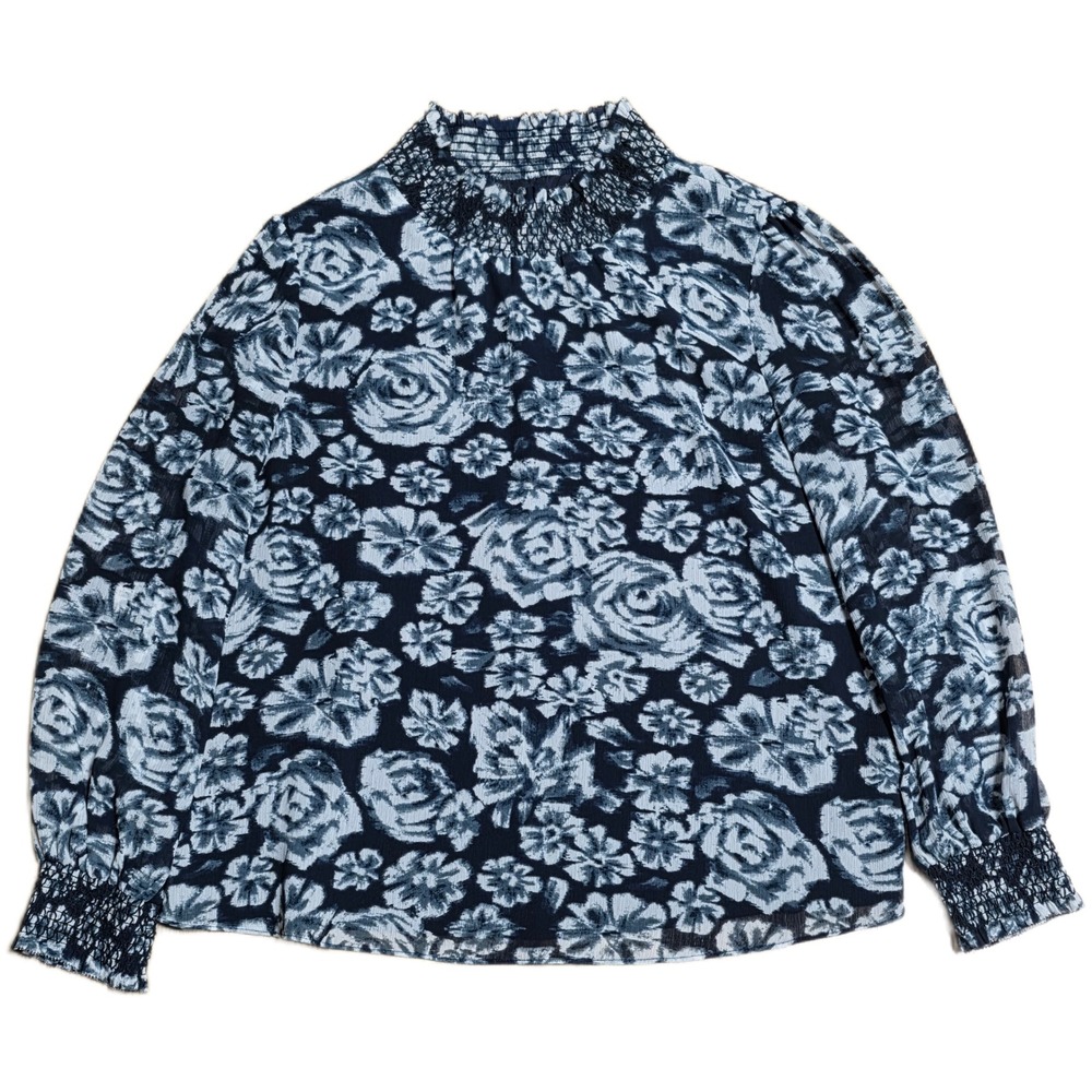 J. Crew Smocked Mock Neck Floral Blouse Women's Size S Navy White Long Sleeve‎